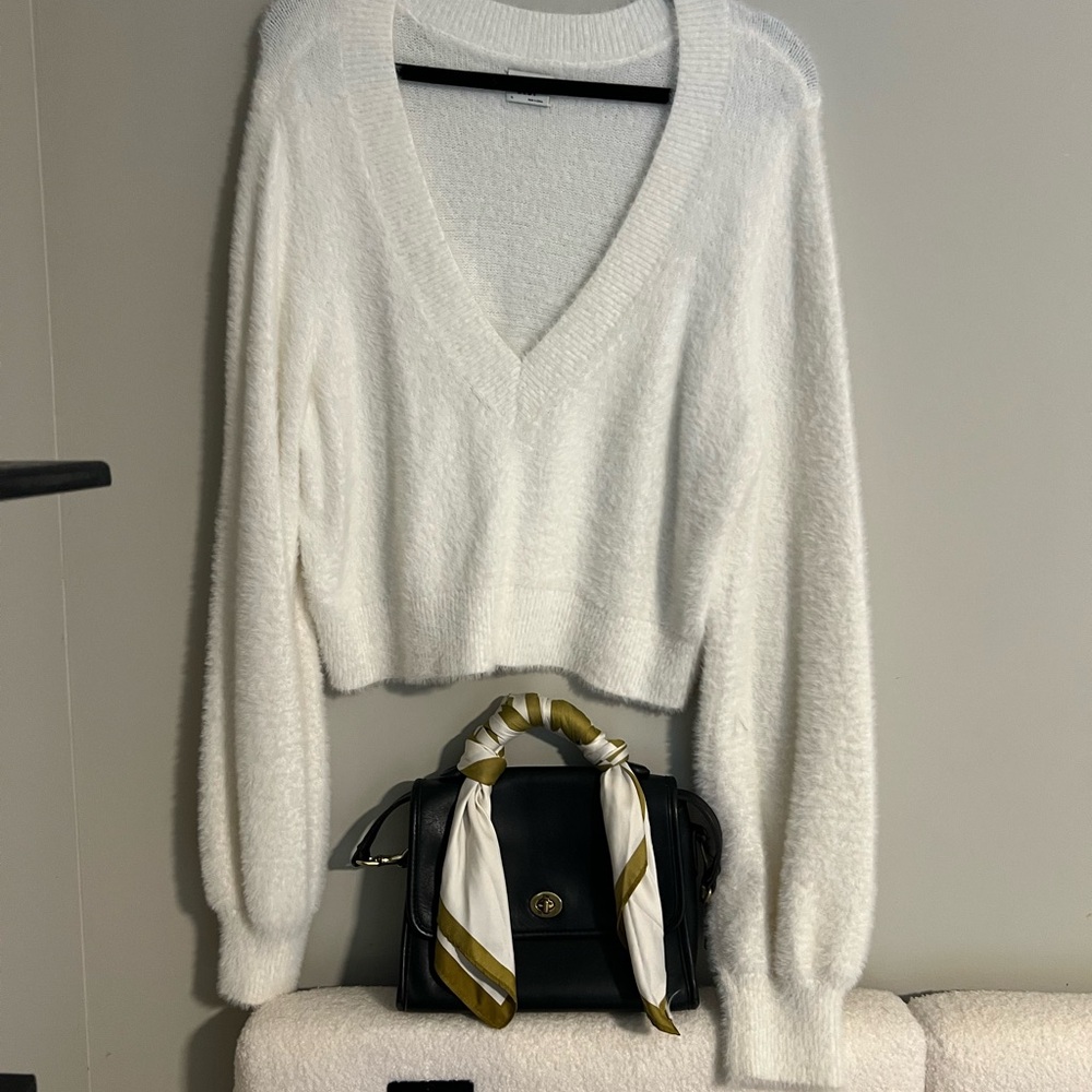 Sunday Best Creamy White V-Neck Fuzzy Sweater